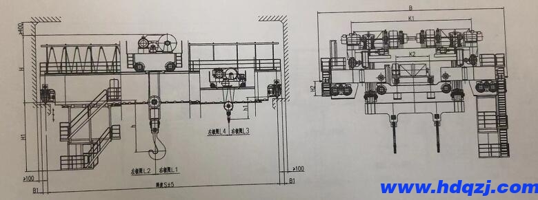 YZ型吊鉤橋式鑄造起重機結(jié)構(gòu)技術參數(shù)圖